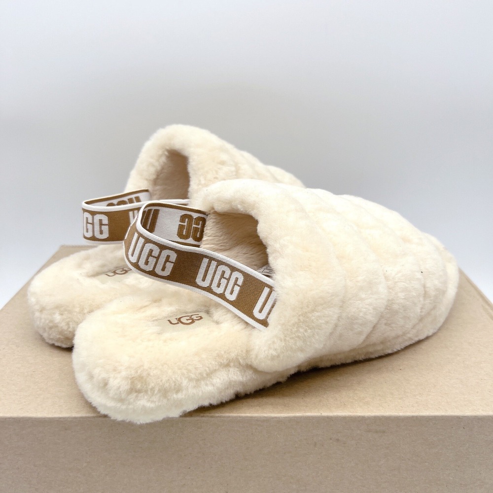 UGG Fluff Yeah Genuine Shearling Platform Slingback Sandal Slide Beige US 6 - Picture 6 of 12